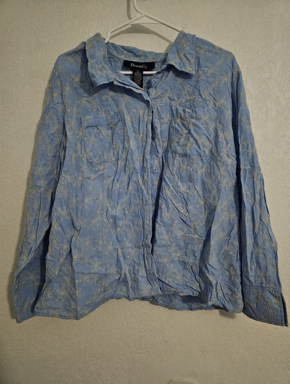 Denim&Co Light Blue Eyelet Embroidered Button-Down Shirt